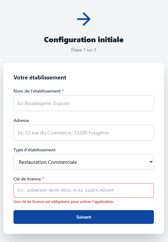 Wizard étape 1 — Votre établissement (nom, adresse, type, clé de licence)