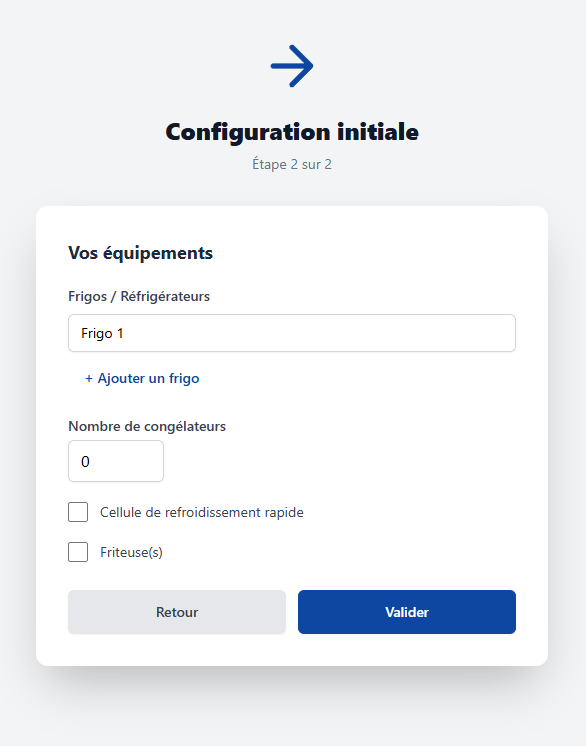 Wizard étape 2 — Vos équipements (frigos, congélateurs, friteuses)