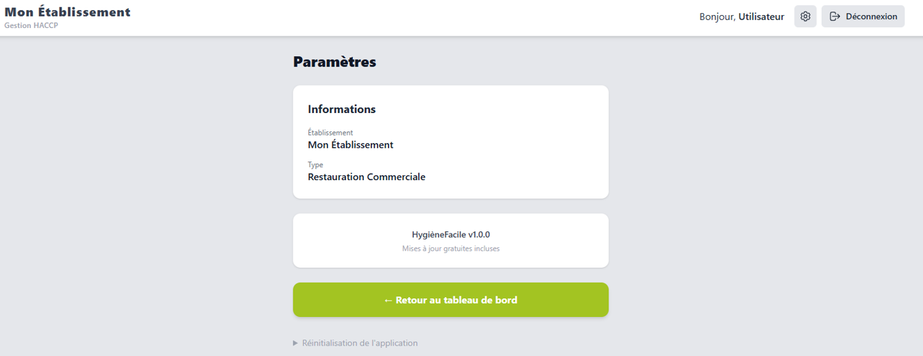Écran Paramètres — informations établissement et version de l'application